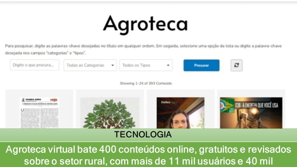 Agroteca virtual bate 400 conteúdos online, gratuitos e revisados sobre o setor rural, com mais de 11 mil usuários e 40 mil visualizações