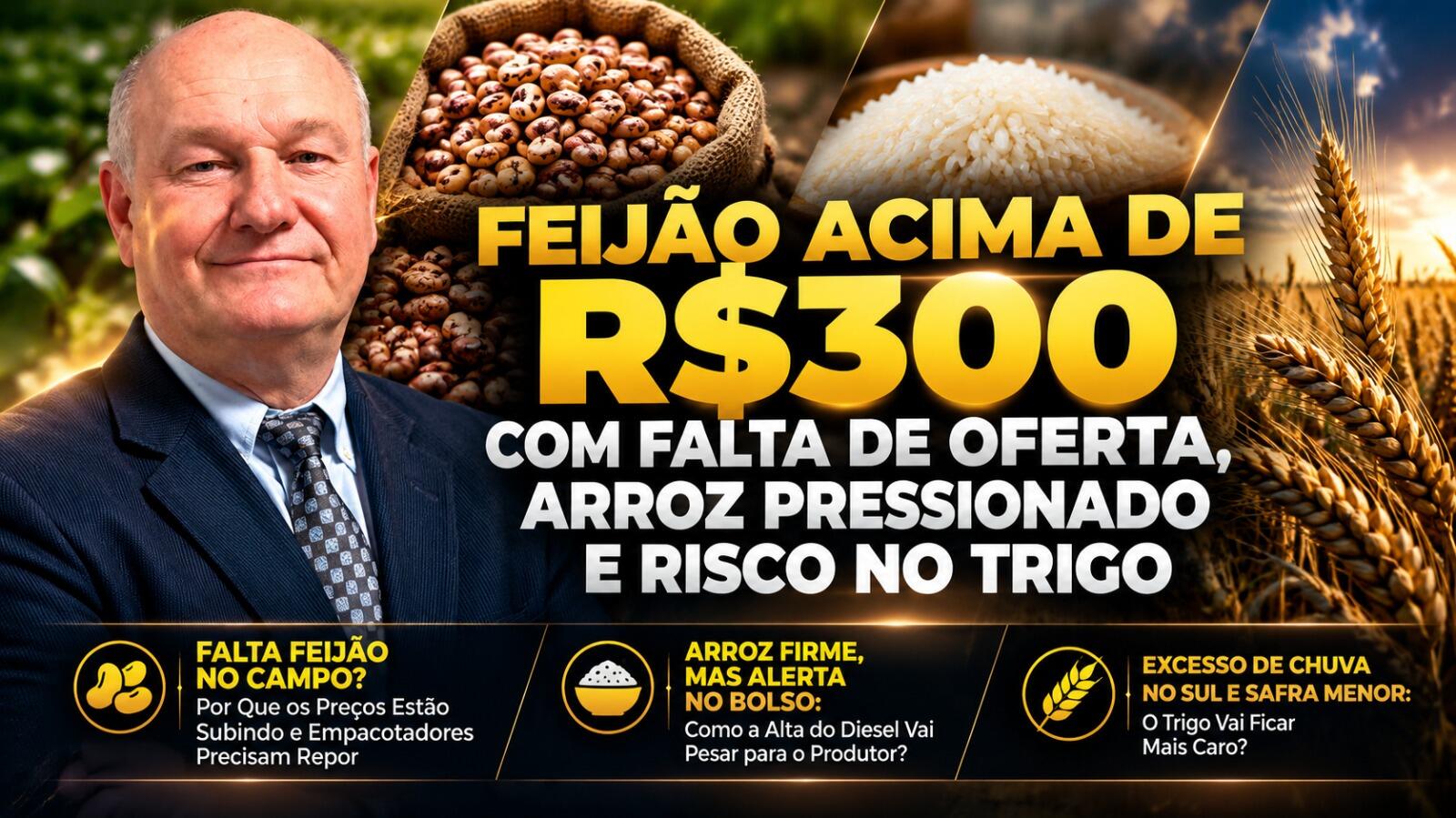 Feijão Acima de R$300 com Falta de Oferta, Arroz Pressionado e Risco no Trigo